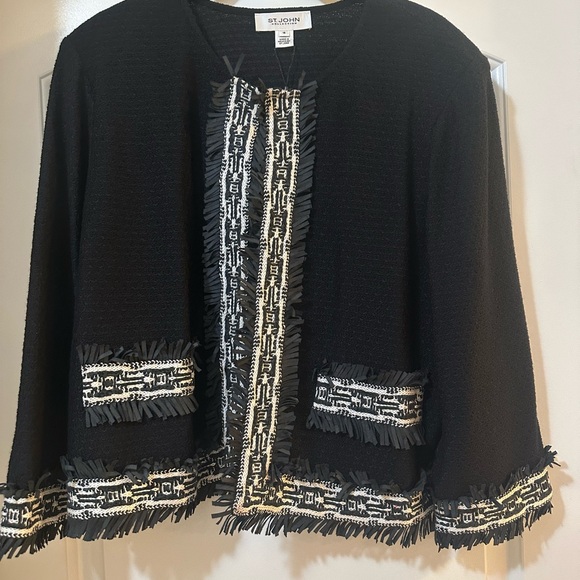 St. John Sweaters - St. John - Sz 18 - Black Fringe Trim Blazer with Black Knit Skirt - NEW!